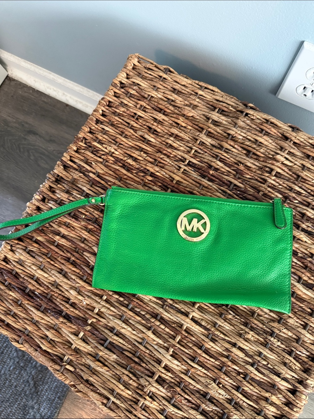 Michael Kors Emerald Green Leather Wristlet with Gold MK Emblem